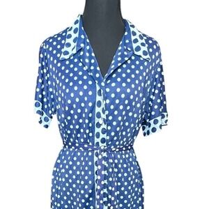 Vintage Blue White Polka Dot Button Front Belted Maxi Shirt Dress Berkshire Med